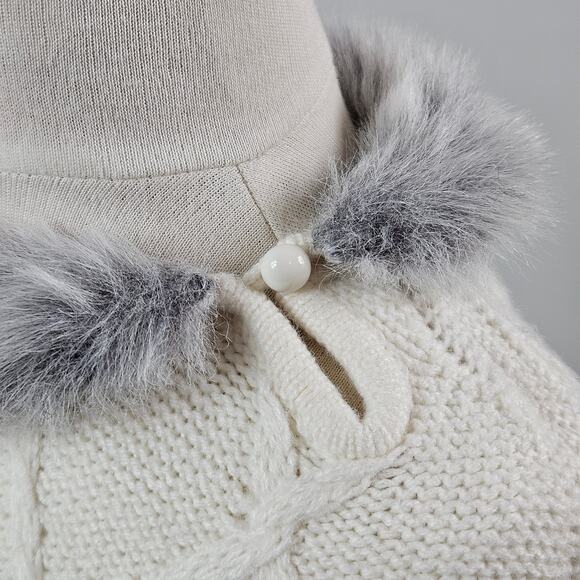 Janie and Jack Girl's Faux Fur Trimmed Cable Knit Sweater Ivory Poncho | 4 - Picture 5 of 14